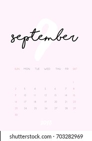 Beautiful monthly Calendar for September 2018 Year. Printable and ready to use design template. Stylish  stationery design. Week starts from Sunday. Minimal vector calendar for 2018