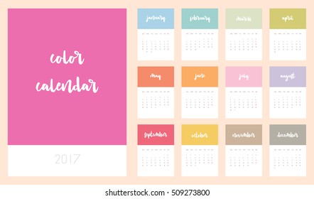 Beautiful monthly Color Calendar for 2017 Year. Printable and ready to use design template. Stylish Colorful stationery design. Week starts from Sunday.