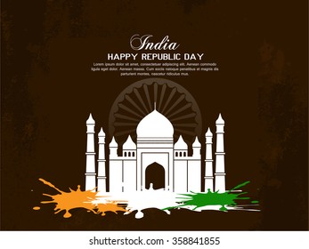 Beautiful monumental of india on indian flag color theme grunge background Vector Illustration or greeting for Republic day India, 26 January.