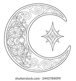 Una hermosa luna en un diseño floral grabado y estrella polar. Página antiestrés para adultos. Ilustración vectorial. 