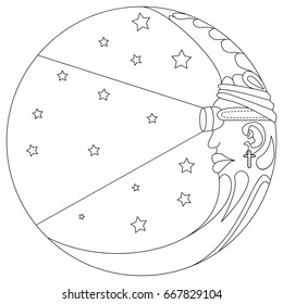 Beautiful Moon with face. Vintage hand drawn. Vector illustration for coloring book, t-shirt design, tattoo. Ethnic decor, Bohemian art.