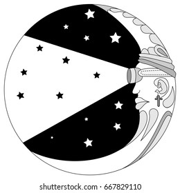 Beautiful Moon with face. Vintage hand drawn. Vector illustration for coloring book, t-shirt design, tattoo. Ethnic decor, Bohemian art.