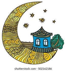Beautiful moon with house and tree. Abstract decorative element. Vector illustration.