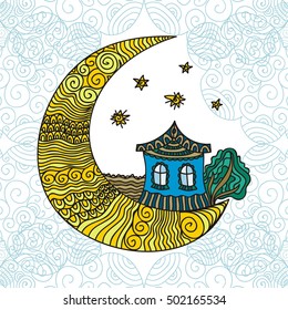 Beautiful moon with house and tree. Abstract decorative element. Vector illustration.