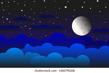 Beautiful moon on the background of bright stars and blue clouds. Stock vector illustration for decoration and design, postcards, posters, web pages and more.