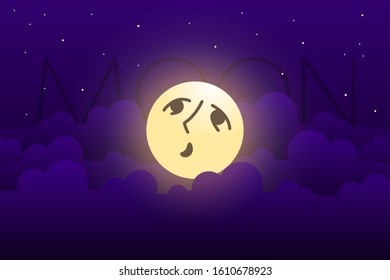 Beautiful moon on the starry sky. Moonlight through the clouds. Cartoon moon. Moon with face. Vector illustration.