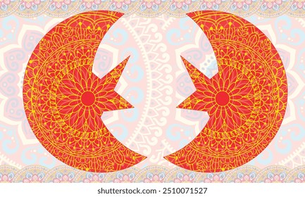 A beautiful moon and star  in an engraved floral design and lodestar. Antistress page for adults. Vector illustration.
