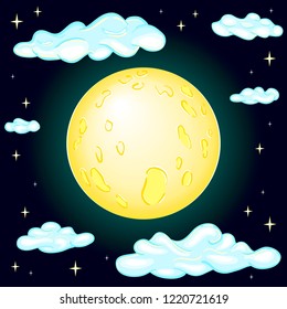 Beautiful moon with stars and clouds. Mysterious satellite of the Earth. Mystical and magical time of day. Lunar phase. Time of witchcraft. Color fill isn't the gradient. Vector illustration. EPS 8.