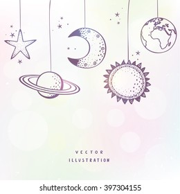 Beautiful of Moon Sun star Saturn and Earth. Vector illustration