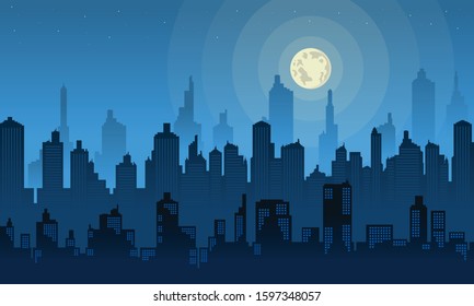 Beautiful Moonlight City Silhouette with many buildings