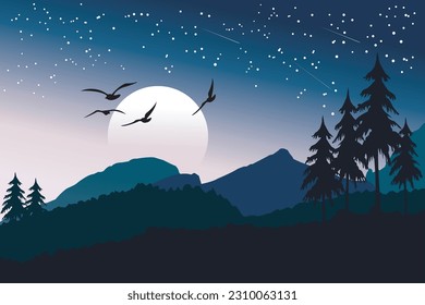 Beautiful moonlight landscape with full of brightening stars (Vector).