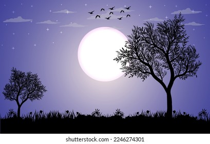 Beautiful Moonlight Scenery background, Scenery vector illustration, Moonlight Scenery with stars on the night sky, beautiful Midnight background