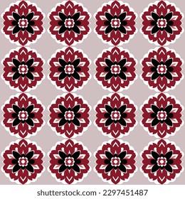 Beautiful moorish tile-inspired floral pattern in red, pink, and black with damask motifs on dark background, perfect for ornate tile work and patterned fabric design.