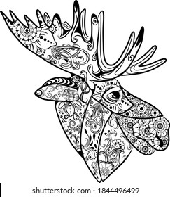 The beautiful moose with the doodle art zentangle of the flowers