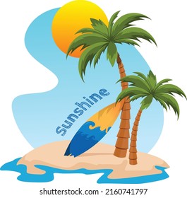 beautiful morning at the beach on a stranded island with palm trees and surfboard to surf on the wavy ocean. scorching sun coming out from behind the tall trees. png sticker can be printed on clothing