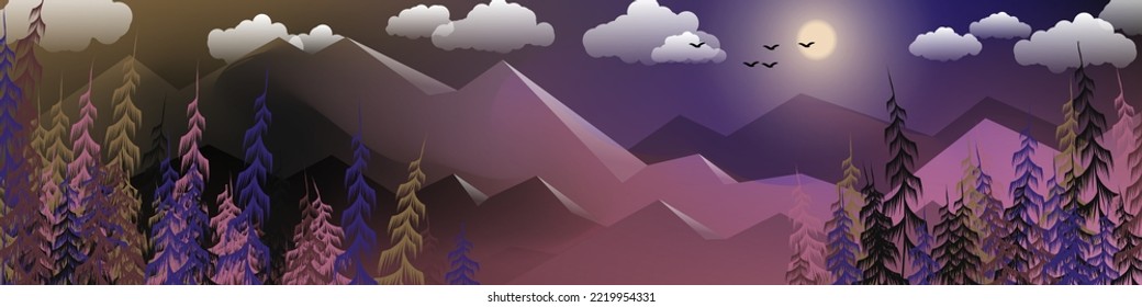 Beautiful morning mountain landscape. Coniferous trees against the backdrop of mountains, the sky with the sun, clouds, silhouettes of flying birds. Natural banner for your projects.Vector.
