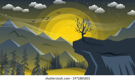 beautiful morning mountain landscape. a lonely tree with falling leaves on the edge of a cliff against a background of mountains, sky with the rising sun, clouds, silhouettes of flying birds. vector