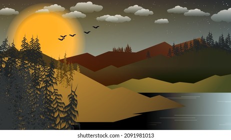Beautiful morning natural landscape. A lake among the hilly shores with coniferous trees against the background of the sunrise in the sky with clouds, stars, birds. Author's work. Vector.