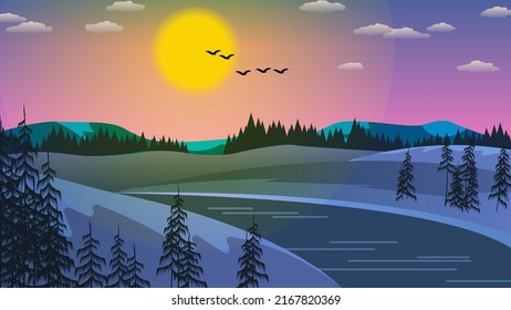 Beautiful morning natural landscape. A river among the banks with coniferous trees against the backdrop of mountains, the sky with the rising sun, clouds, flying birds. Vector.
