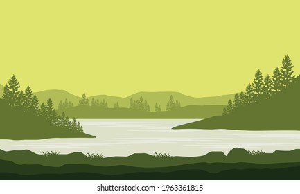 Beautiful Morning On The Riverbank With Incredible Natural Scenery. Vector Illustration Of A City