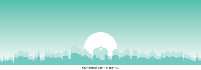 Beautiful morning sky and sun rising over city silhouette
vector cityscape illustration