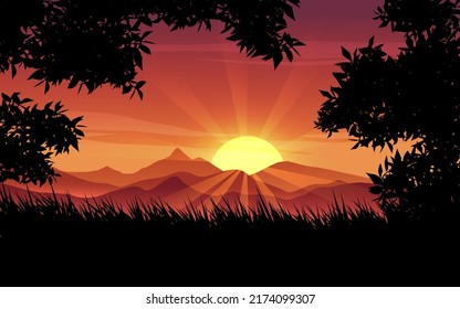 Beautiful morning sunrise landscape with mountains, silhouette of trees and grass