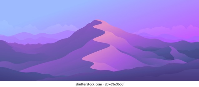 Beautiful morning sunrise in the mountains on horizontal illustration.