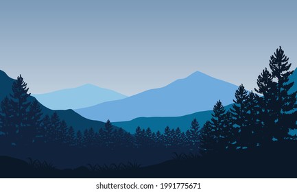 Beautiful morning view of the mountains from the outskirts of the city with the silhouette of pine trees around it. Vector illustration of a city