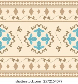 Beautiful Moroccan Luxury Border Beige and Blue Embroidery Design Scroll Ornament and Geometric Pattern. Elegance Gold Silk Weaves Exquisitely Decoration for Wallpaper Backdrop Greek Classy Men's Wear