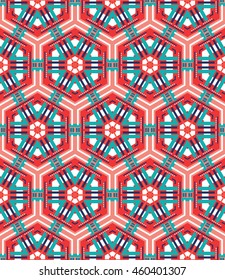 beautiful mosaic flat abstract multicolored geometric ornament for Wallpaper, textiles, ceramics. Seamless ceramic pattern on red background. Positive emotions.