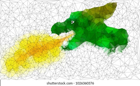 Beautiful mosaic green dragon head breathing fire. The modern imitation of the stained-glass window. Vector triangular low polygonal illustration. Good for icon or symbol or emblem. 