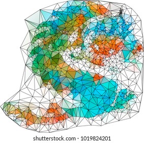 Beautiful mosaic multicolor dragon. The imitation of the stained-glass window (vitrage). Vector triangular low polygonal illustration. 