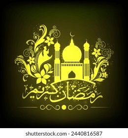 Schöne Moschee mit arabischen kalligraphischen Text Ramadan Kareem auf blumig dekoriertem olivgrünen Hintergrund für islamische heilige Gebetsmonat Feierlichkeiten.