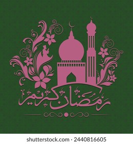 Beautiful mosque with arabic calligraphic text Ramadan Kareem on floral decorated green background for Islamic holy month of prayers celebrations.