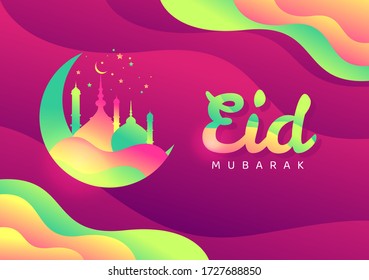 beautiful mosque background ramadan eid mubarak al kareem islamic design crescent moon and colorful mosque dome silhouette with beautiful lantern arabic pattern and calligraphy