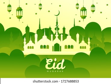 Ramadan eid mubarak islamic Design Halbmond und Moschee Kuppel Silhouette mit arabischem Muster und Kalligrafie
