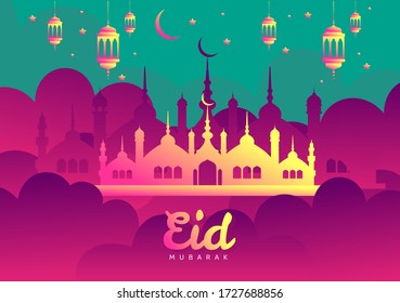 beautiful mosque background ramadan eid mubarak al kareem islamic design crescent moon and colorful mosque dome silhouette with beautiful lantern arabic pattern and calligraphy
