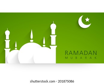 Beautiful mosque and crescent moon on green and white background  for the celebrations of Muslim community holy month of Ramadan Mubarak. 