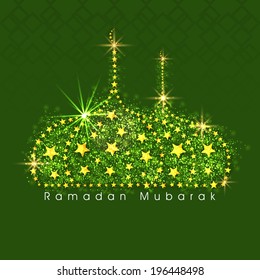 Beautiful mosque design decorated with shiny stars on green background for holy month of muslim community Ramadan Kareem. 