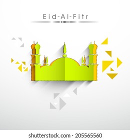Hermoso diseño de mezquita hecho con papel plegado verde sobre fondo abstracto para las celebraciones del festival de la comunidad musulmana Eid Mubarak. 