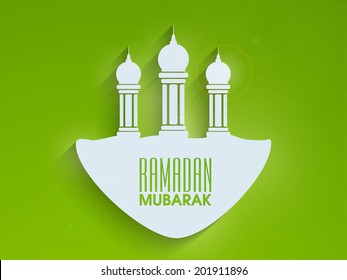 Beautiful mosque design on shiny green background for the holy month of Muslim community Ramadan Mubarak celebration. 