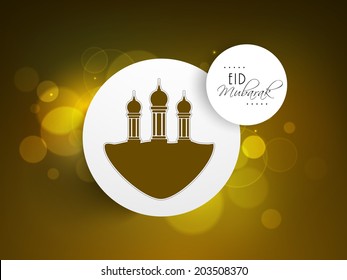 Beautiful mosque design and text on white circle sticky for Muslim community festival Eid Mubarak celebrations. 