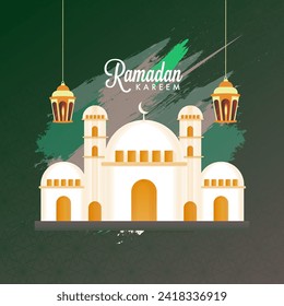 Hermosa mezquita y linterna colgada en Bruselas rompen fondo verde para el concepto de celebración del Festival Islámico de Ramadán Kareem. Se puede usar el diseño como tarjeta de felicitación.