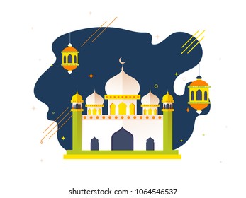 Beautiful mosque and hanging lanterns on night background.