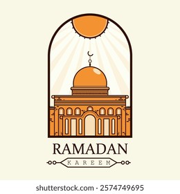 Beautiful mosque line art with sunburst for Ramadan Kareem and Mubarak. Perfect for greeting cards, Islamic celebrations, and social media posts.