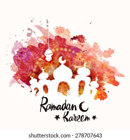 Hermosa mezquita, hecha con colores salpicados para el sagrado mes islámico de oraciones, celebraciones de Ramadán Kareem. 