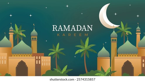 Beautiful Mosque with moon and stars design, Ramadan kareem greeting card, poster, web banner, holiday background illustration