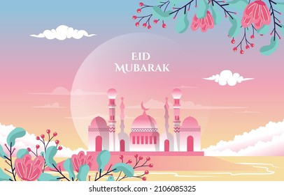 Beautiful Mosque Nature Eid Mubarak Muslim Islamic Celebration Illustration