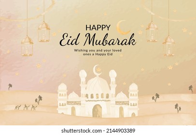 Beautiful mosque nature Happy Eid Mubarak with watercolor floral background Premium Vector