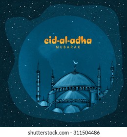 Beautiful Mosque on blue night background for holy festival of Muslim community, Eid-Al-Adha celebration. 